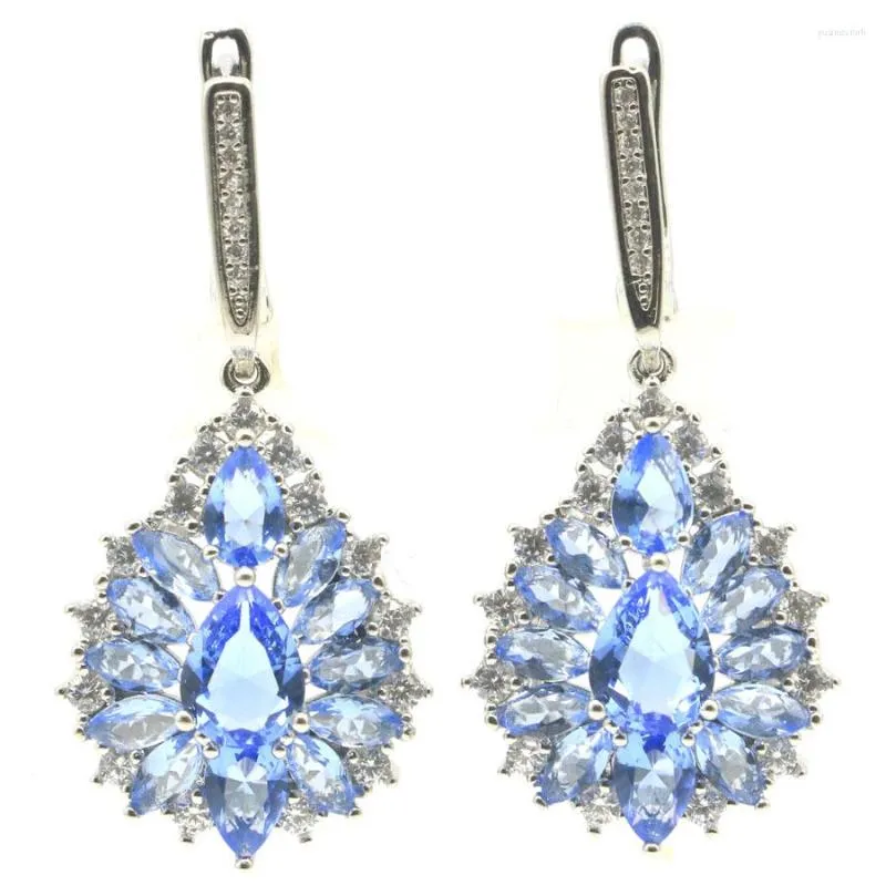 Dangle Küpeler 42x18mm Muhteşem Eşsiz Zengin Mavi Violet Tanzanite Londra Topaz Beyaz CZ Kadın Düğün Gümüş