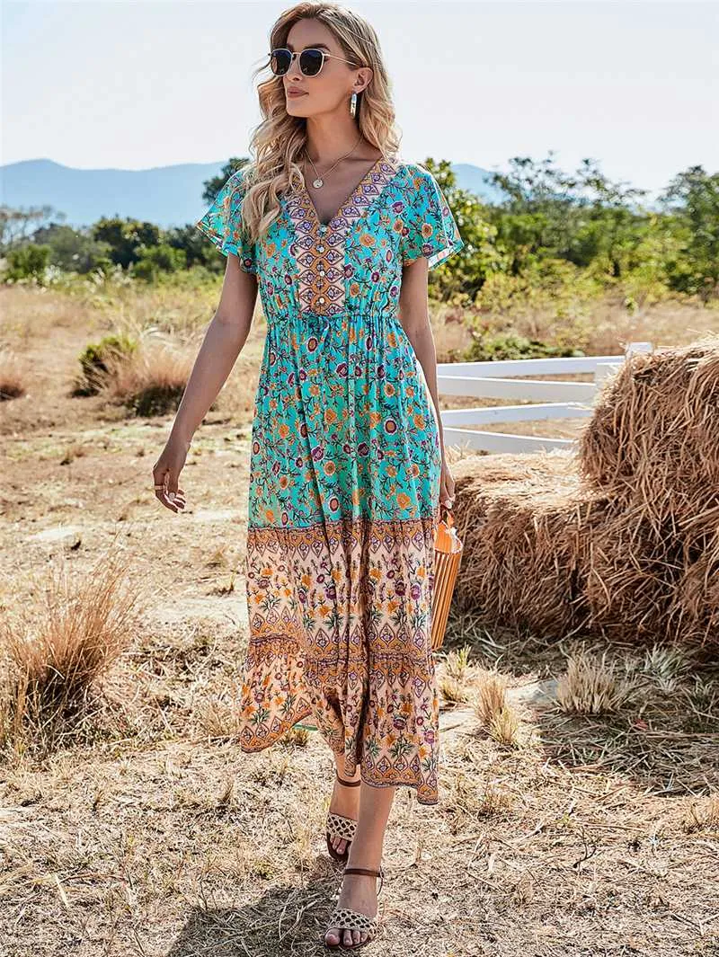 Boho Chic Floral Maxi Dress Women's V Neck Button Bohemian Beach Dress,  Lightweight Rayon, Flowy Pleated Design Perfect Summer Style