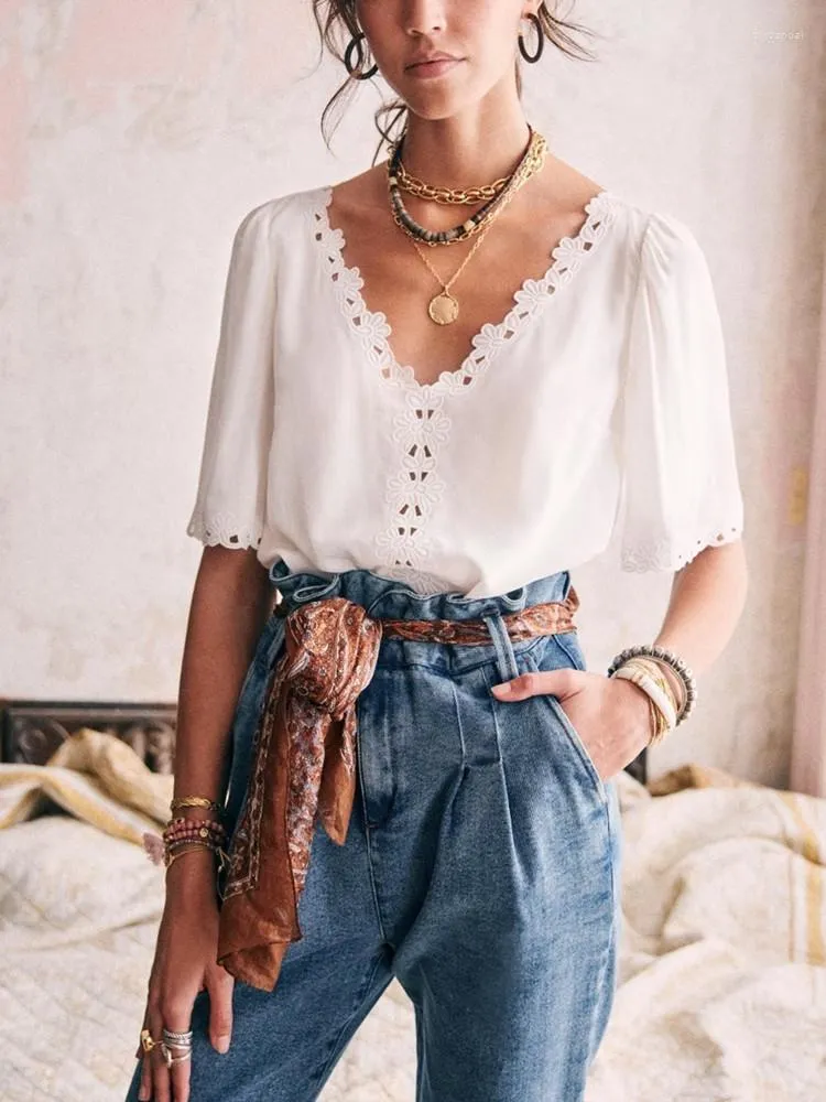 Women's Blouses 2 Colors Women V-Neck Casual Silk Blouse Female Hollow Out Simple Short Sleeve Embroidered Flowers Shirt Tops 2023 Summer