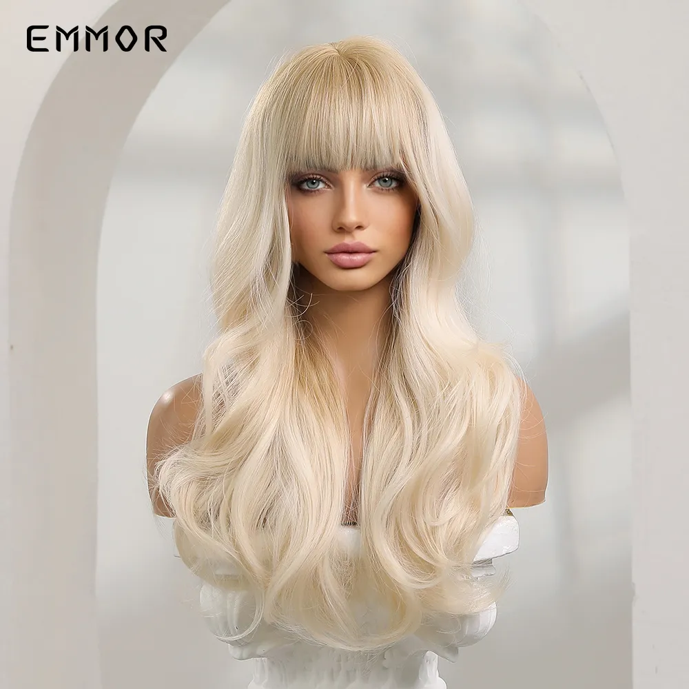 Synthetic Ombre Blonde Platinum Wigs Long Wavy Wig for Women with Bangs Party Daily Heat Resistant Fibre Hair Wigsfactory dir