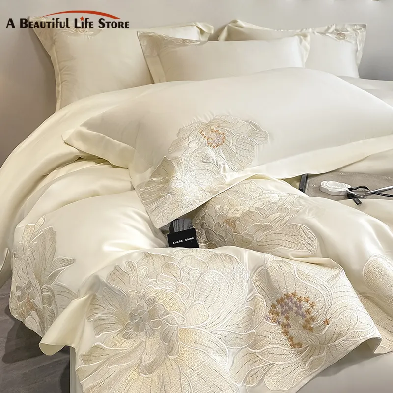 Set di biancheria da letto Milkshake White 600TC Cotone egiziano Fiori Ricamo Set 100 Copripiumino Lenzuolo Federa Queen King 230609