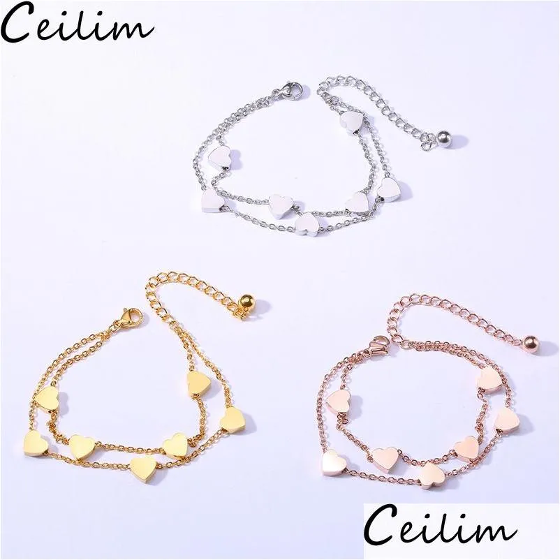 Chain New Simple Design Stainless Steel Charm Bracelet 2 Layers Rose Gold Link Mini Hearts Lover Fashion Sweety Style For Drop Deliv Dhxzb