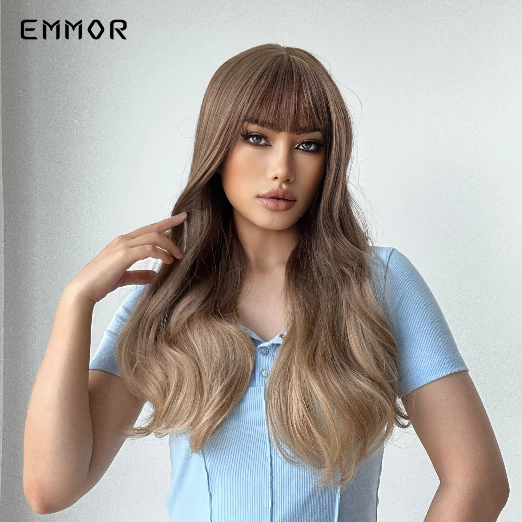 Perucas sintéticas ombre marrom a loira peruca de cabelo ondulado natural loiro para mulheres cosplay laranja-marrom perucas diárias com bangsfactory direto