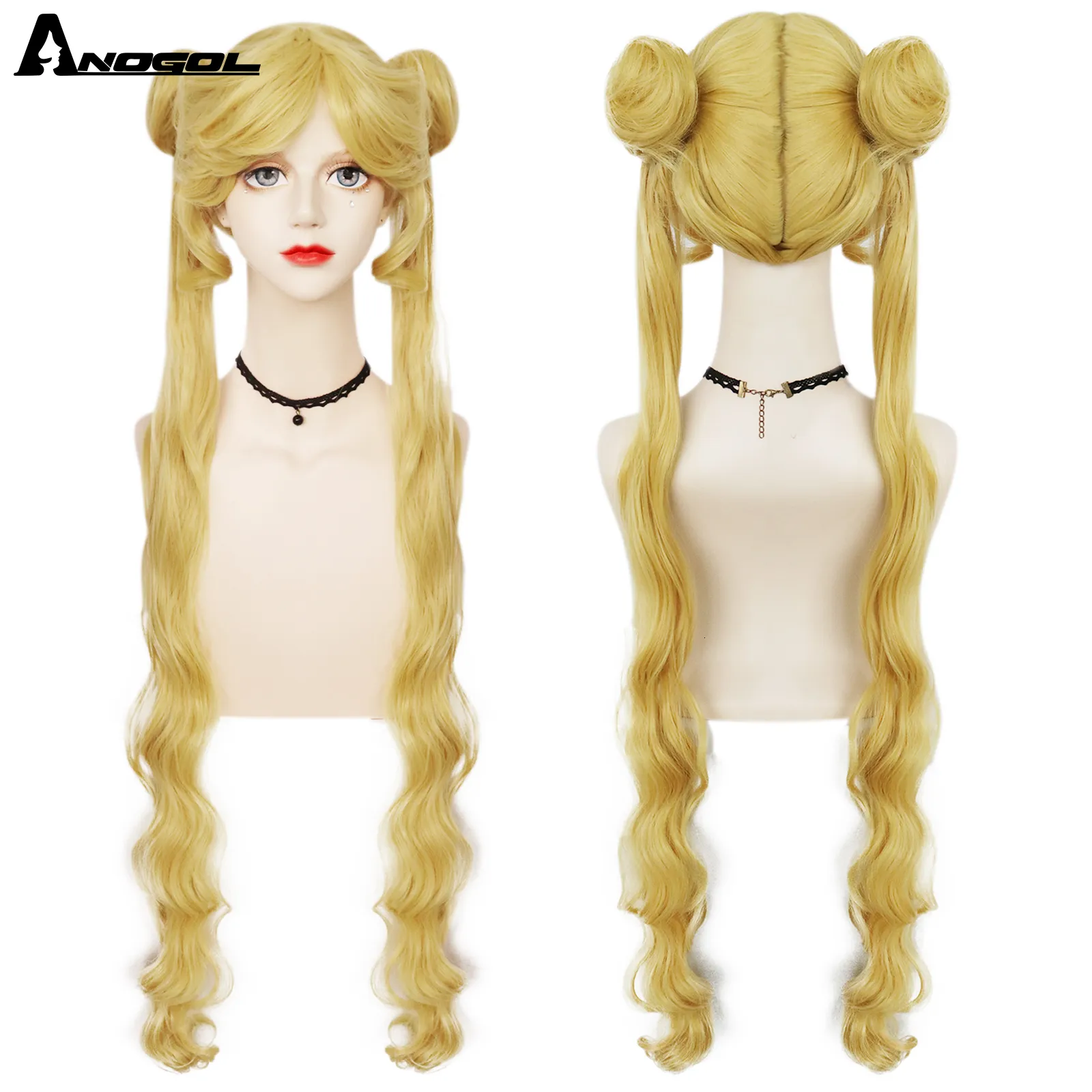 Pedaços de cabelo Cosplay Sintético Anogol para Tsukino Usagi Lolita Longo Encaracolado Loiro Caudas Duplas Para Festa de Halloween de Menina Cap 230609