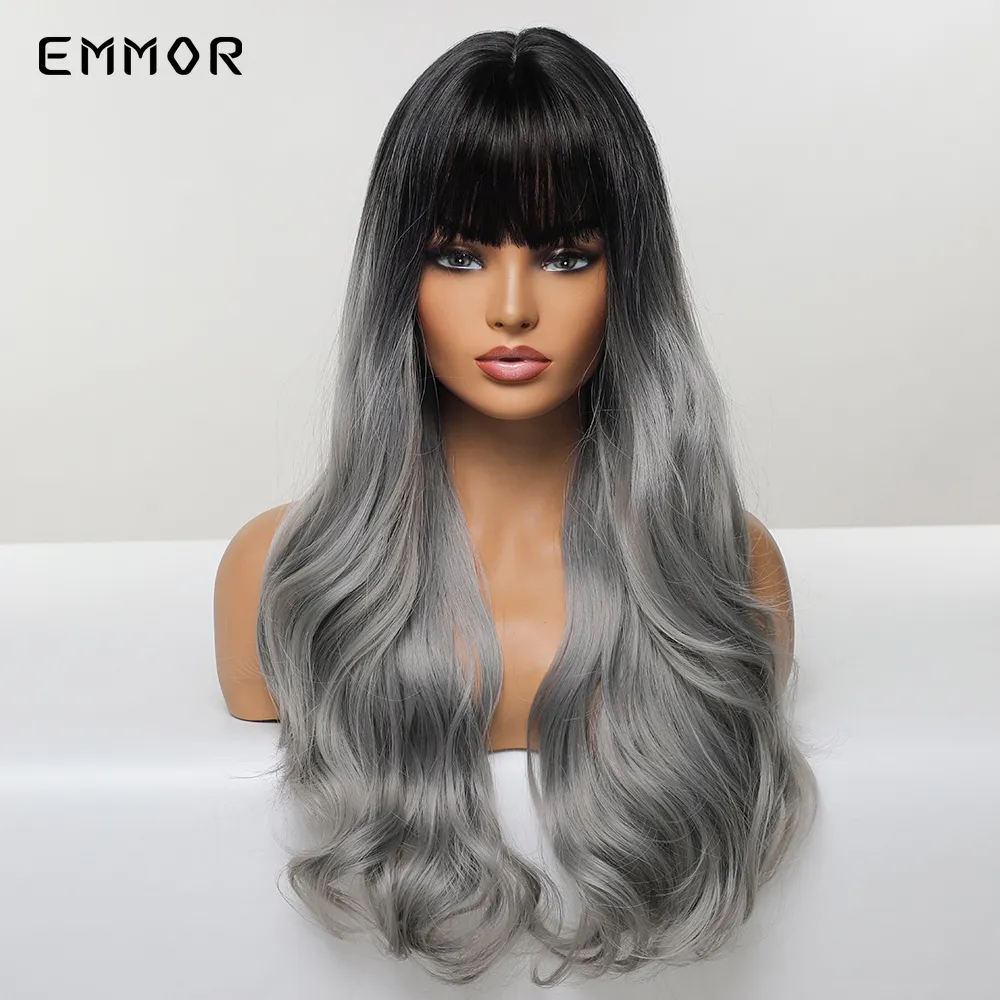 Ombre sintetico da nido a grigio parrucche naturale parrucca per capelli ondulati con frangetta per donne cosplay in fibra resistente al calore wigsfactory D