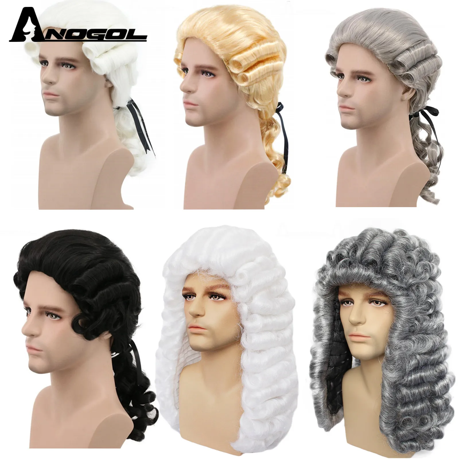 Hårstycken Anogol Syntetisk advokat Cosplay Deluxe Long Grey White Black Judge Baroque Curly Male For Man Halloween Party 230609