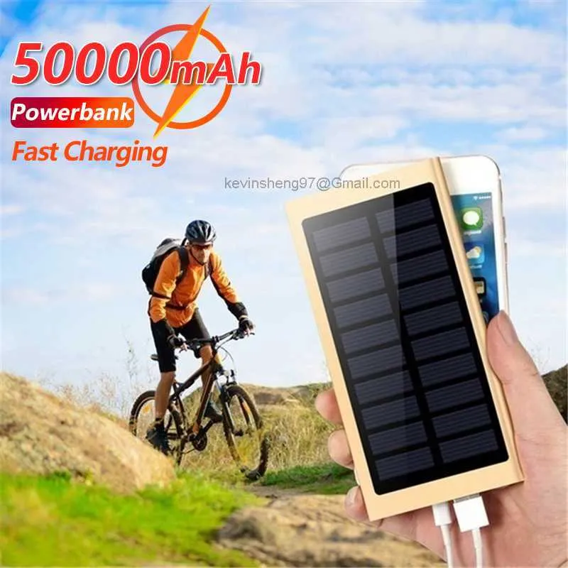 Gratis anpassad logotyp 50000mAh Power Banks Solar Fast Charger för cykel Vandring Fiske Mobil Power 2USB Digital Display Outdoor Externt batteri