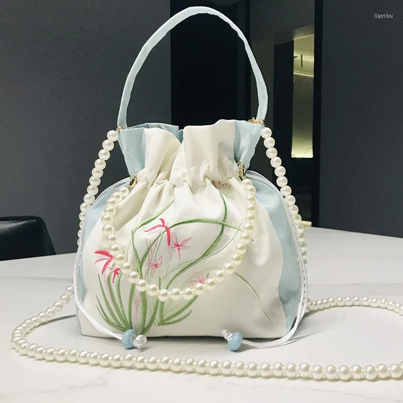 Sacs de soirée Chinois Fleur Broderie Bandoulière Seau De Luxe Femme Toile Sac Perle Poignée Sacs À Main Cordon Messenger Sac Main