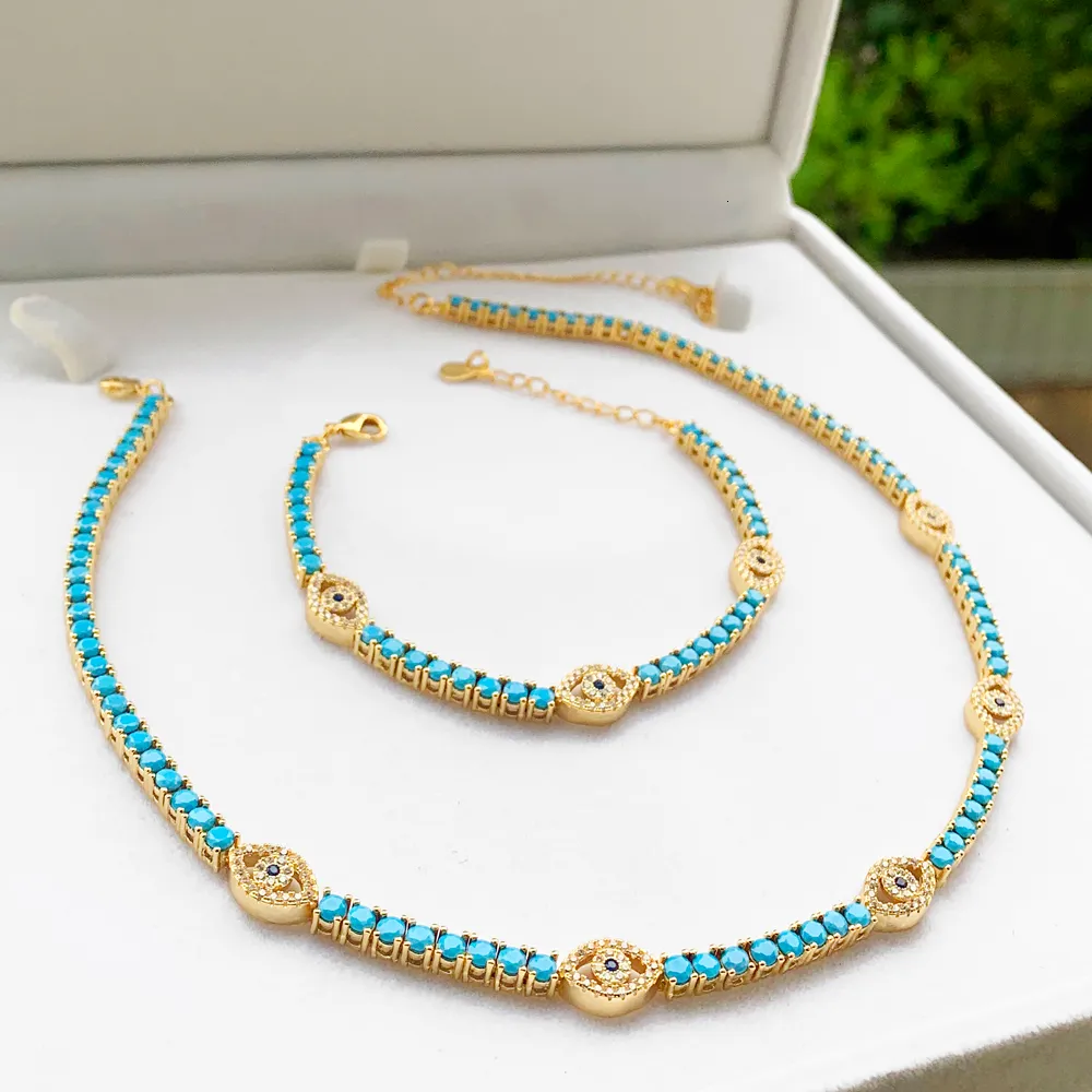 Bröllopsmycken sätter guldpläterade högkvalitativa kvinnor mode set charm blå turkoises sten tenniskedjor armband halsband 230609