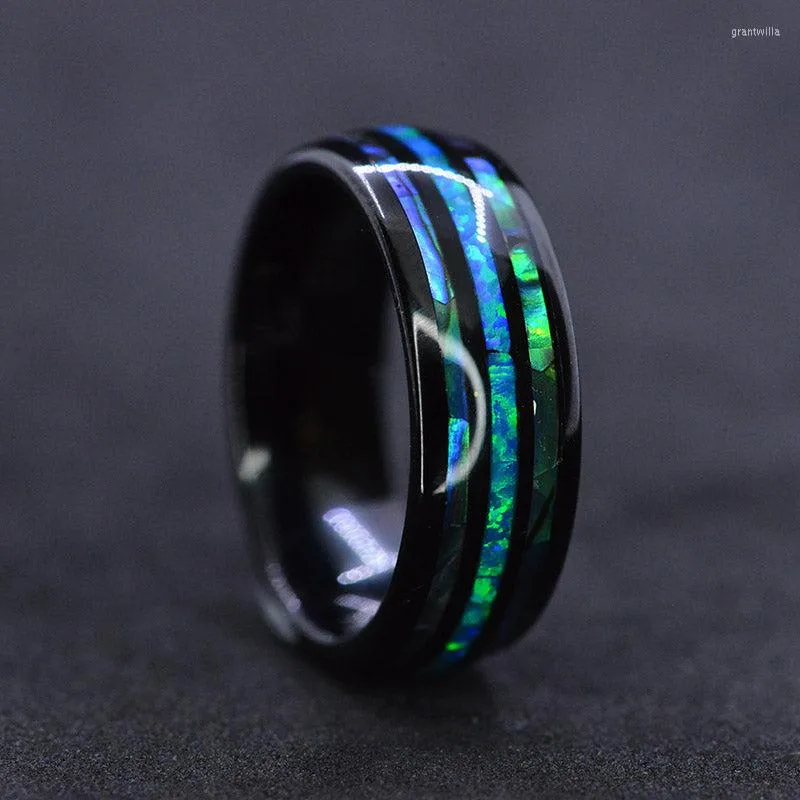 Bagues de grappe mode 8mm bague de mariage en tungstène noir pour hommes femmes coquille d'ormeau colorée et bijoux de fête incrustés d'opale bleue