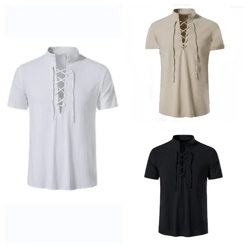 Camisas casuais masculinas masculino de linho de linho Men de manga curta Man Blush Collar Standing Collar Summer 2023