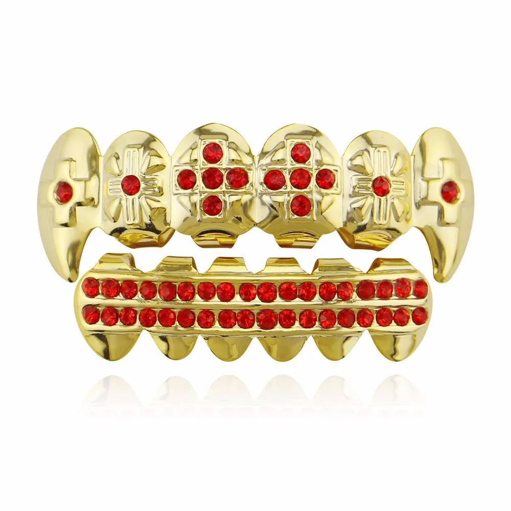 Hip Hop Dental Teeth Grillz Colored Zircon Dentures Fangs Men Women Gold Grills Teeths Set Fashion Jewelry High Quality Six 6 Top Tooth Six 6 Bottom Vampire Grills 1310