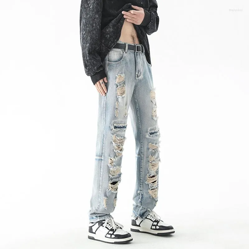 Jeans da uomo High Street Fashion Brand Pantaloni slim dritti strappati Pantaloni con cerniera sul fondo per uomo
