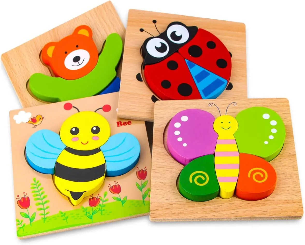 Puzzle d'animaux en bois pour tout-petits, jouets éducatifs, cadeau avec motifs d'animaux, formes de couleurs vives et vibrantes, 4 pièces