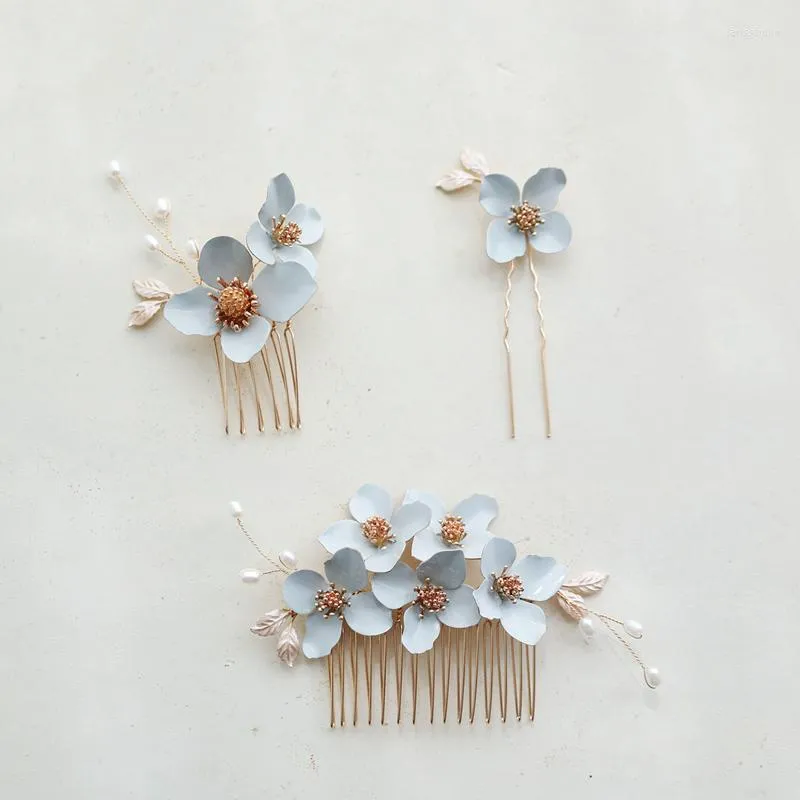 Hair Clips Light Blue Color Floral Bridal Comb Pin Piece For Women Jewelry Wedding Accessories Handmade