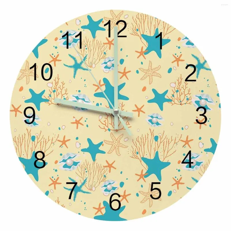 壁の時計スターフィッシュコーラルシェルハンドペイント描かれた明るいポインター時計家の家の装飾