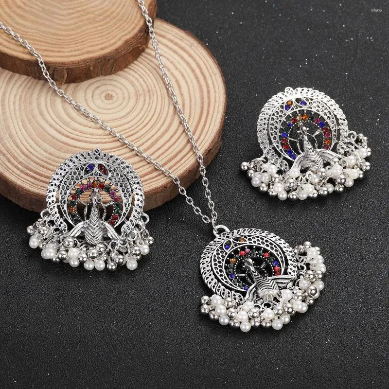 Necklace Earrings Set Ethnic Silver Color Peacock Sets For Women Luxury Colorful Zircon Geometric Tassel Party Wedding