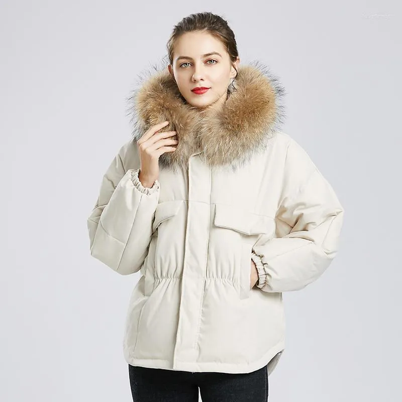 Women's Down Ailegogo Winter Women Large Real Raccoon Fur Hooded Short Jacket 90% White Duck Coat Parkers Warm Snow Outwear