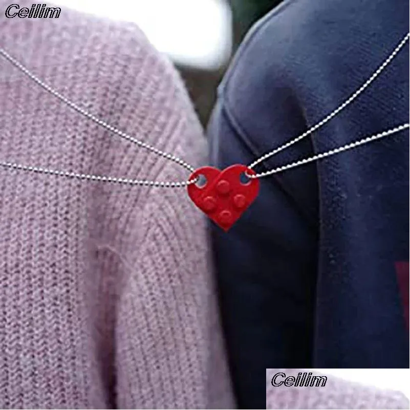 Pendentif Colliers 2 Pcs Perles Bâtiment Brique Coeur Collier Pour Femmes Hommes Amour Couple Saint Valentin Cadeaux Punk Petite Amie Bijoux Drop D Dhv5K