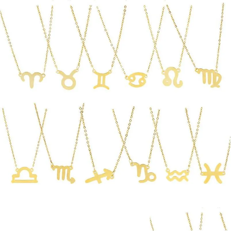 Colares com Pingente Moda Signo do Zodíaco 12 Pingentes de Constelação Charme Corrente de Ouro Gargantilha de Aço Inoxidável Para Mulheres Meninas Jóias B Dr Dhzh7