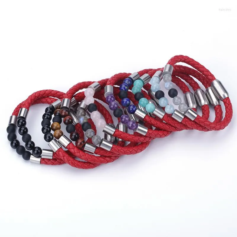 Bedelarmbanden Multi Mix Kleur Halfedelsteen Kralen Roestvrij Staal Echt Rood Leer Magneetslot Unisex Armband Bangle