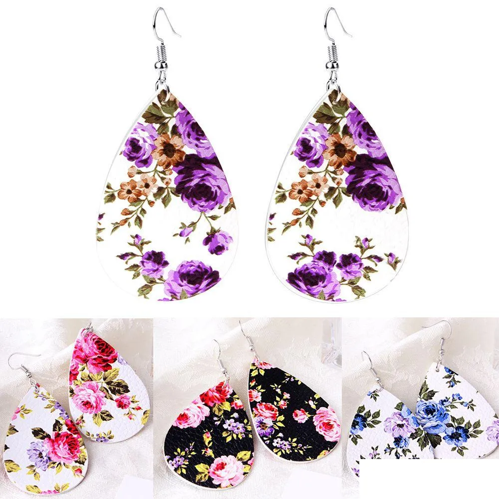 Charm Fashion Printing Rose Flower Teardrop Leather örhängen för kvinnor Antika mtikolorer Böhmen Korean vatten droppleverans smycken Dhahj