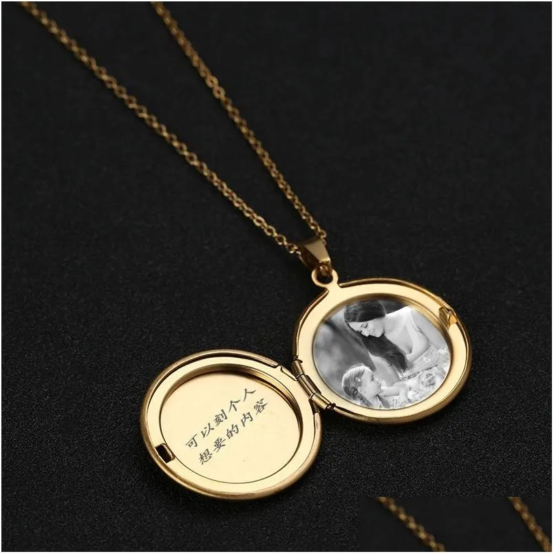 Colares com Pingente Feminino Colar Medalhão Círculo Aço Inoxidável Po abre para armazenamento de lembrança em ouro Sier Elegante Jóias Acessório Dhd6X