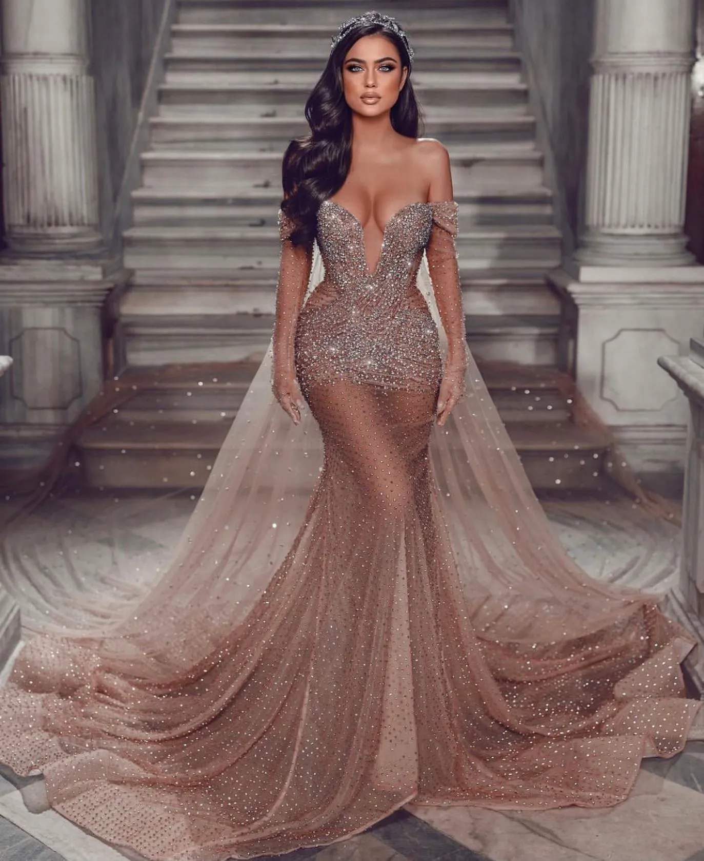 Champagne Illusion Sleeves V Neck Shimmer Evening Gown With Champagne Illusion Sleeves V Neck Shimmer Evening Gown With