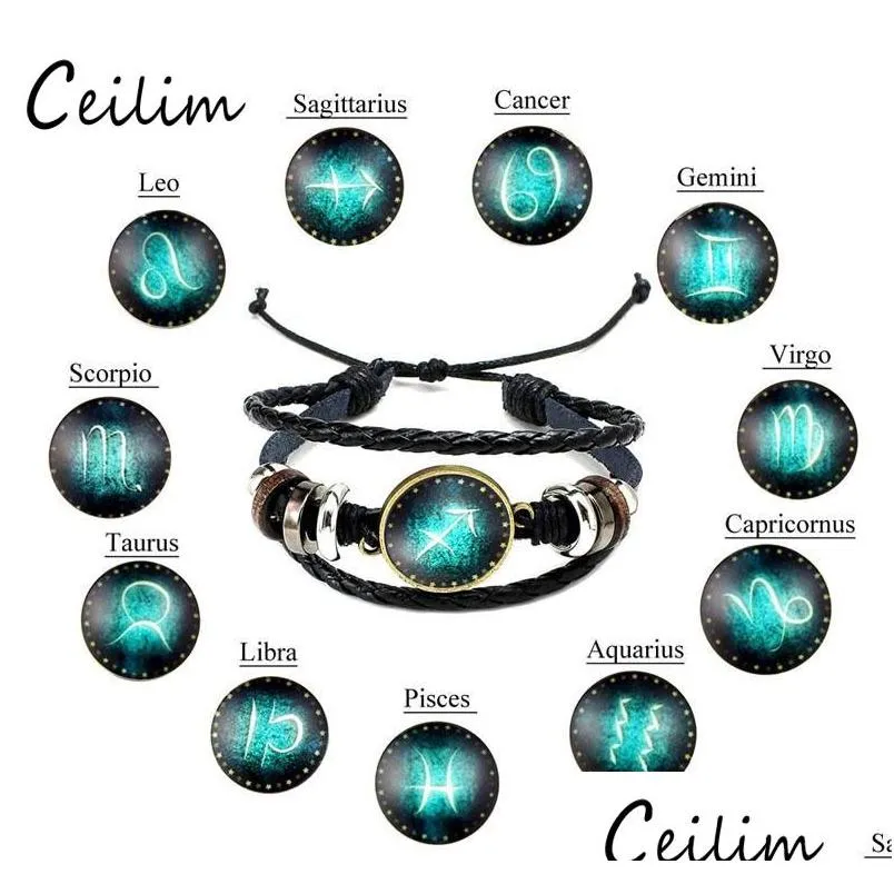 Ketting Nieuwe Mode-sieraden Ontwerp Twee Sterrenbeelden Lederen Armbanden Retro Handgeweven Kralen Diy Zodiac Armband Voor Vrouwen Mannen Geschenken Dh8Al