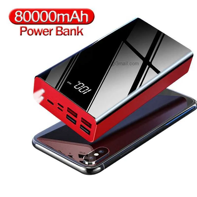 Gratis anpassad logotyp tvåvägs snabb laddning Power Bank 80000mAh Mirror Digital Display Powerbank med ficklampa Externt batteri för iPhone 13 Xiaomi