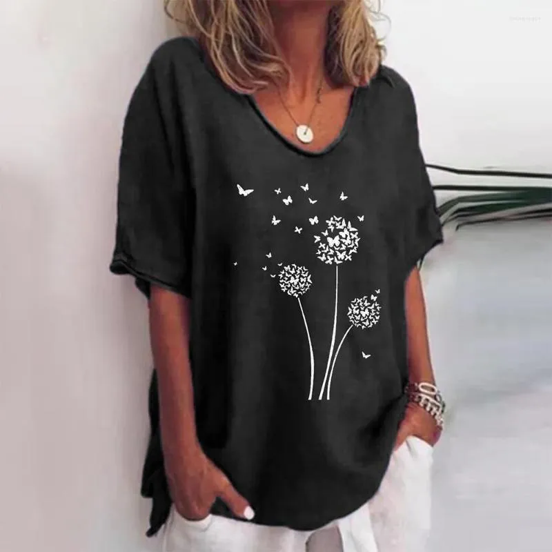 Women's T Shirts 2023 Kvinnor Bomullslinnor blommor Solid T-shirt damer Casual Summer V-Neck Pullover Short Sleeve Tunic Tops för