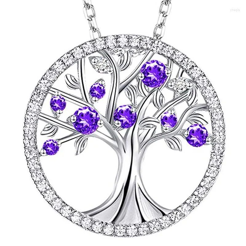 Подвесные ожерелья моды дерево жизни Женские Женские Ожерелье Творческое фиолетовое циркон