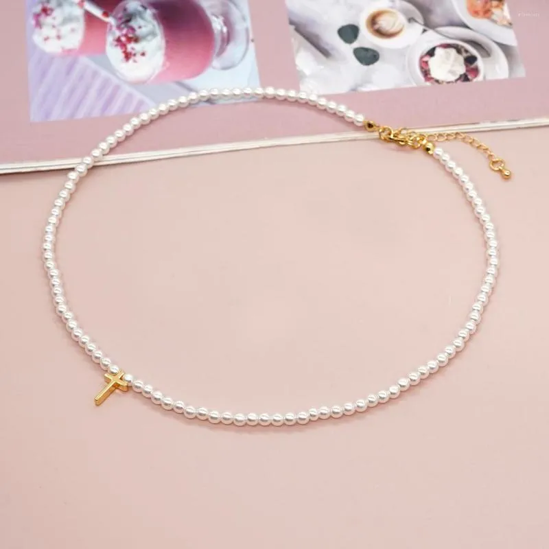 Kedjor Go2Boho Power of Faith Imitation Pearl Bead Choker Boho Golden Cross Chain Necklace for Women Jewelry Gift