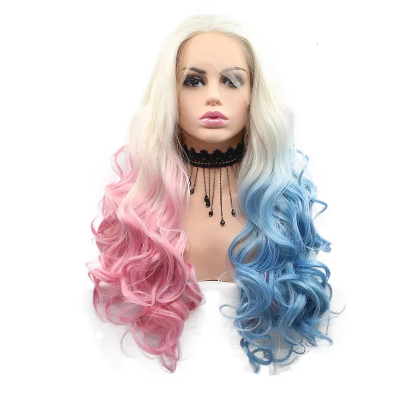 Hair pieces Cosplay Synthetic Lace Front Platinum Blonde Ombre Half Pink Blue Curly Body Water Wave Frontal For Black Women 230609