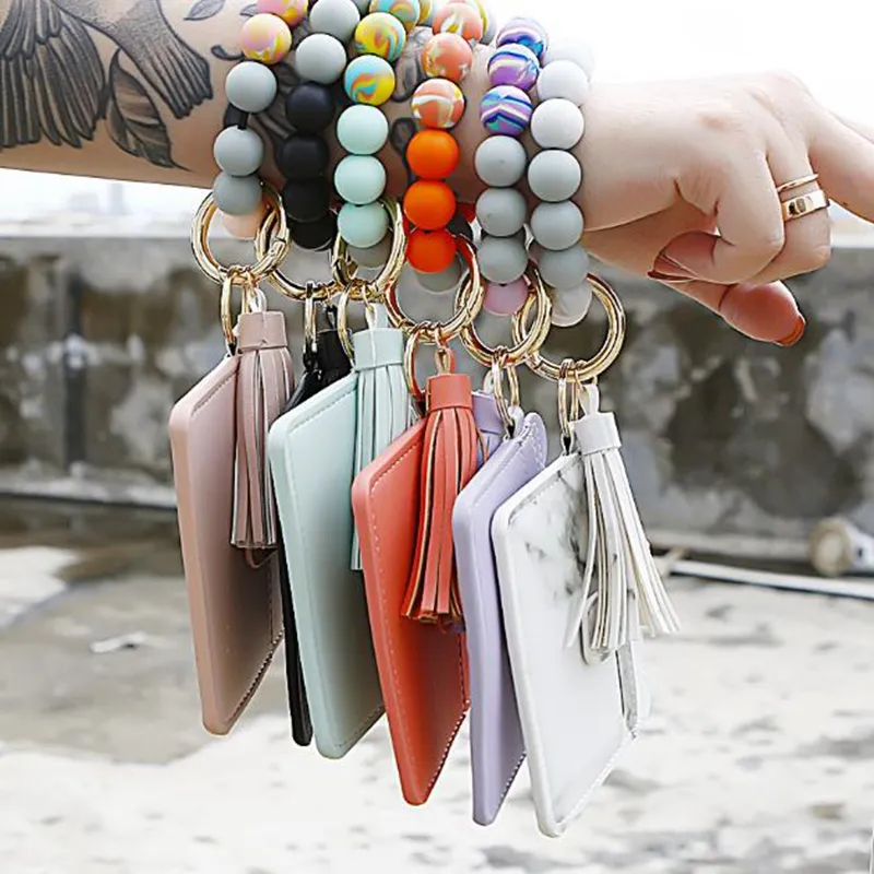 Silikonpärlor Key Ring Armband med TASSEL Card Plånbok Girls Elastic Keyring Bangle Keychain Armband Wristlet Fashion Smycken 6 Färger DW6881