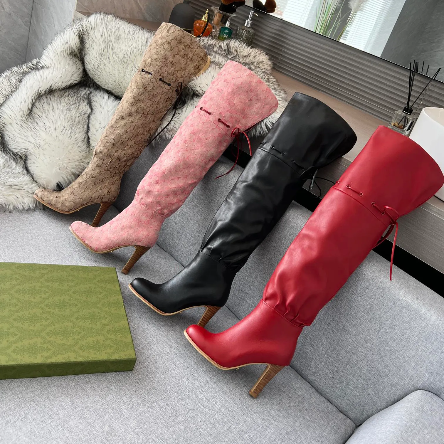 Thigh High Boots luxury designer Sheepskin Classic printed fabric women shoes thin heel Pleated inside Zip Over-the Knee bootie 9CM high heeled Fashion boot 35-43