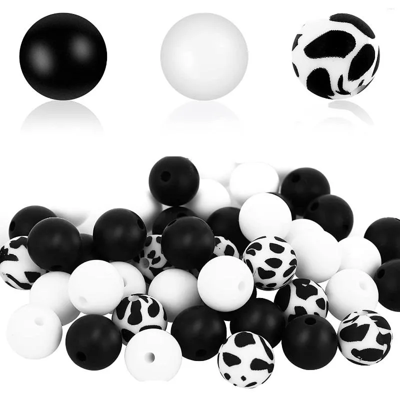 Jewelry Pouches 50PCS Silicone Beads 12Mm Round Rubber Black White Mix Color Cow Print For Keychain Making Crafts