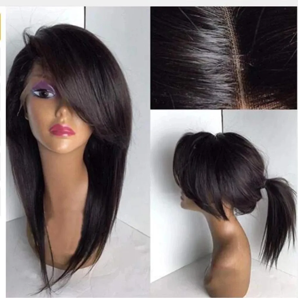 Hair pieces Fringe Silky Straight Lace Front Synthetic For Black Women With Side Part Bangs Pre Plucked Natural Hairline 230609