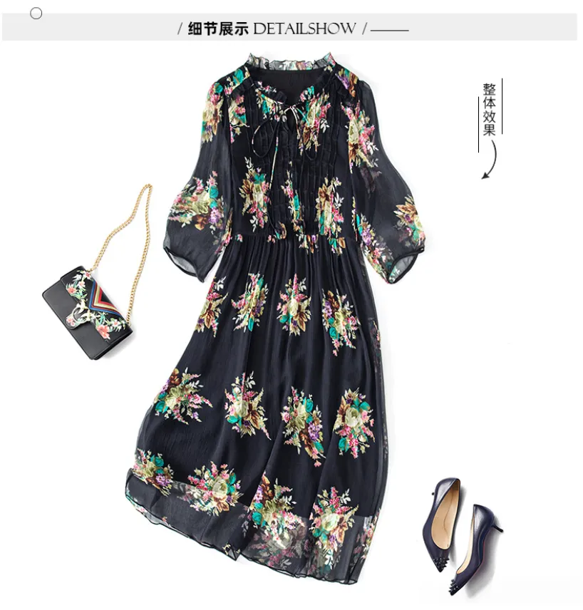 Vestido de seda preto com estampa floral verão manga 3/4 decote em V midi vestidos casuais C3A250170