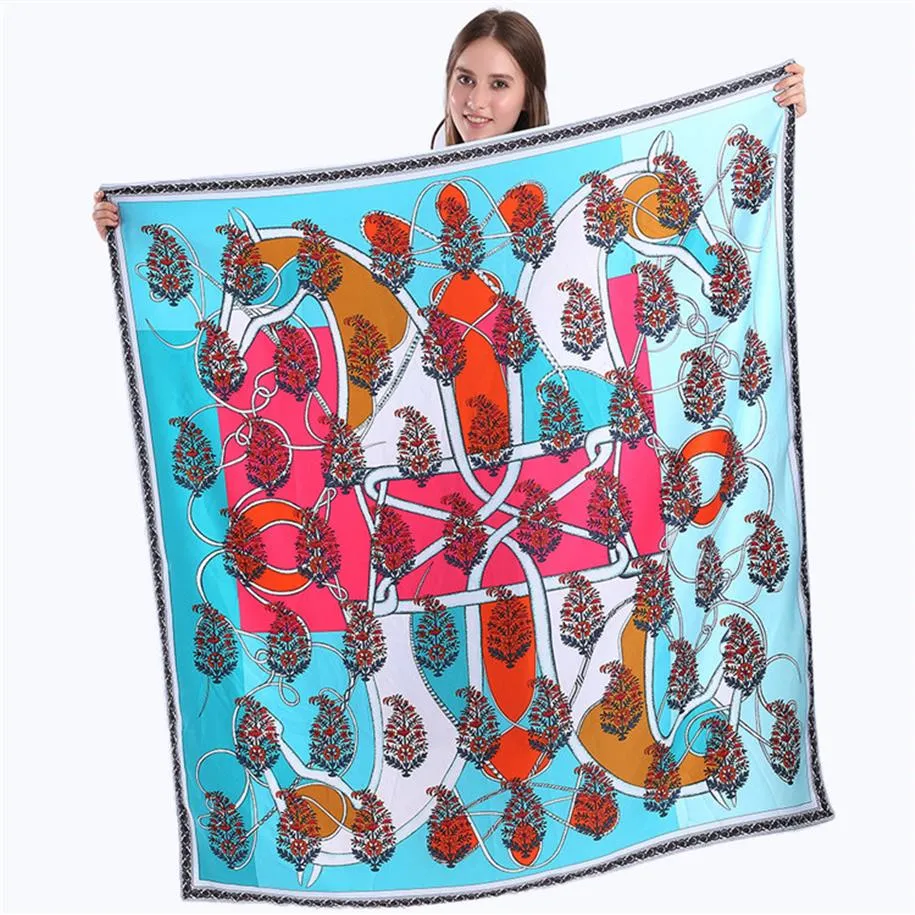 130x130cm 100% Twill Silk Scarf For Women Double Horse Neckerchief Life Tree Pattern Shawls Fashion Spain Square Scarves Female Pa214n