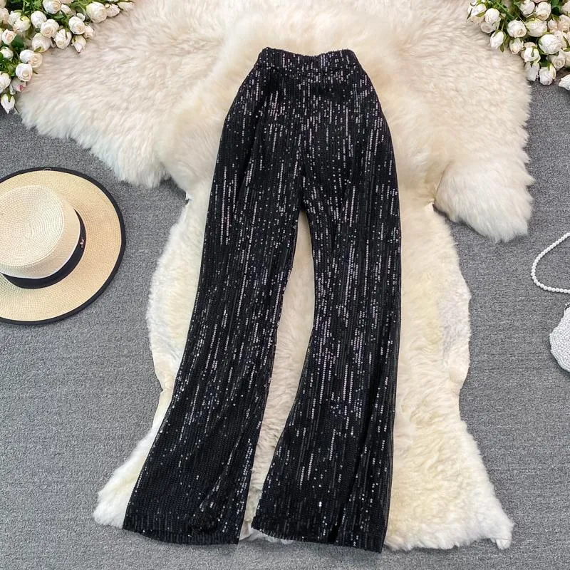Kadın Pantolon Kadın Glitter Pullar Yüksek Bel Geniş Bacak Kore Moda Partisi İnce Pantolon Zarif Günlük Bahar Yaz Goth Street Giyim