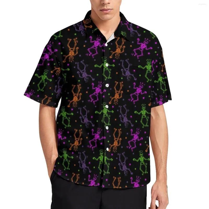 Mannen Casual Shirts Dansen Skeleton Print Shirt Grappige Halloween Strand Losse Hawaiiaanse Mode Blouses Korte Mouw Custom Oversized Top