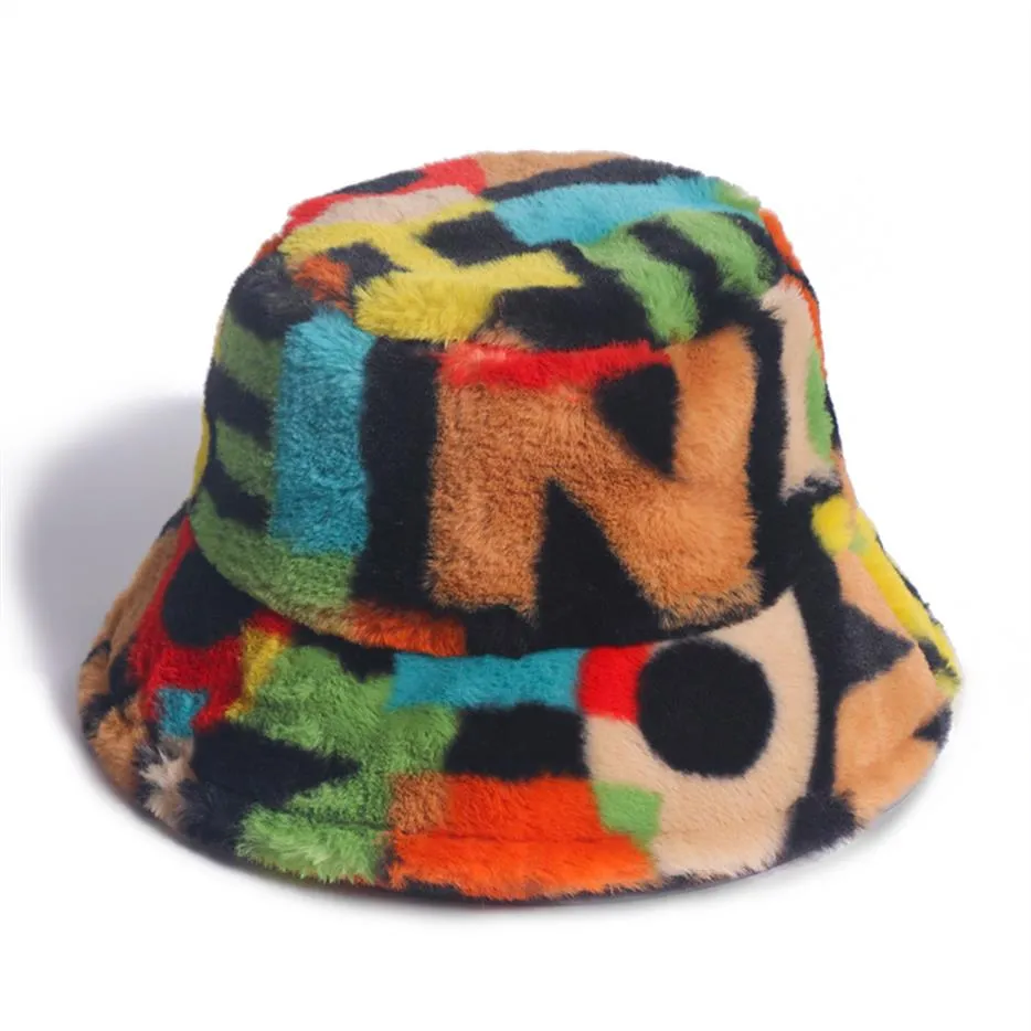 Novo ao ar livre multicolorido arco-íris pele sintética padrão carta balde chapéus feminino inverno macio quente gorros mujer pesca zebra fashion305a