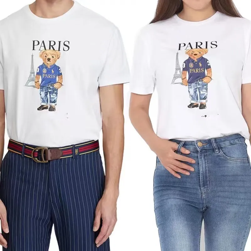 T-shirt girocollo da uomo estiva con stampa orso cartone animato degli Stati Uniti Poloo - Cotone traspirante, fiocco di moda casual unisex