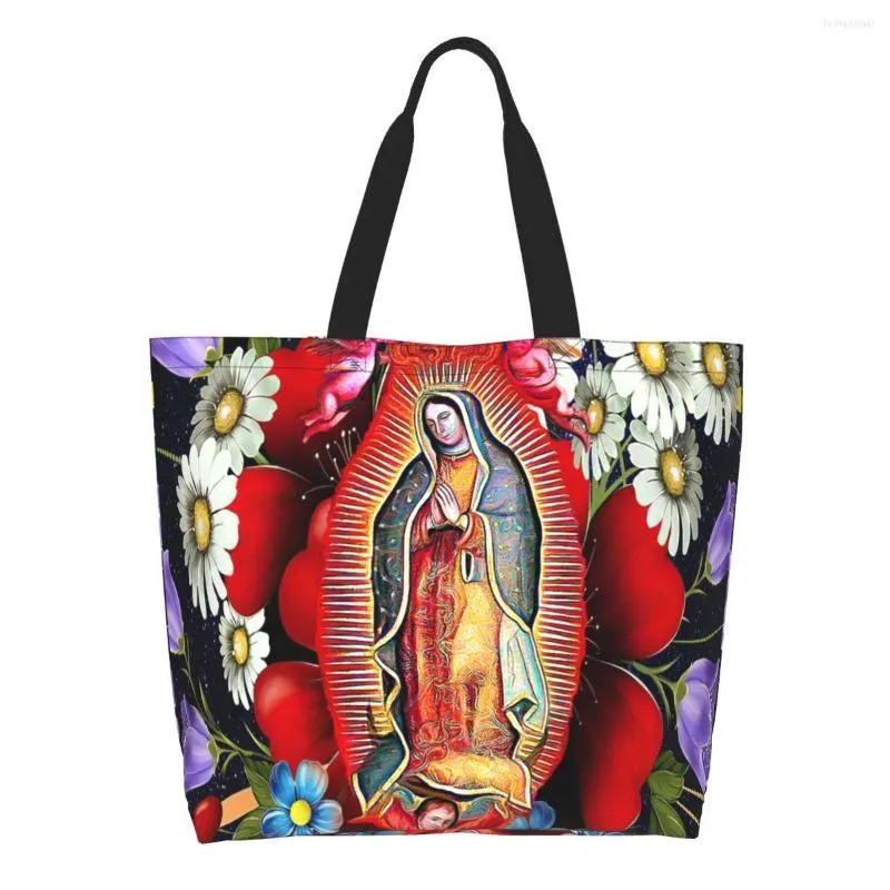 Sacs à provisions Our Lady Of Guadalupe Bag Canvas Shoulder Tote Mexican Virgin Mary Mexico Flowers Tilma Grocery Shopper