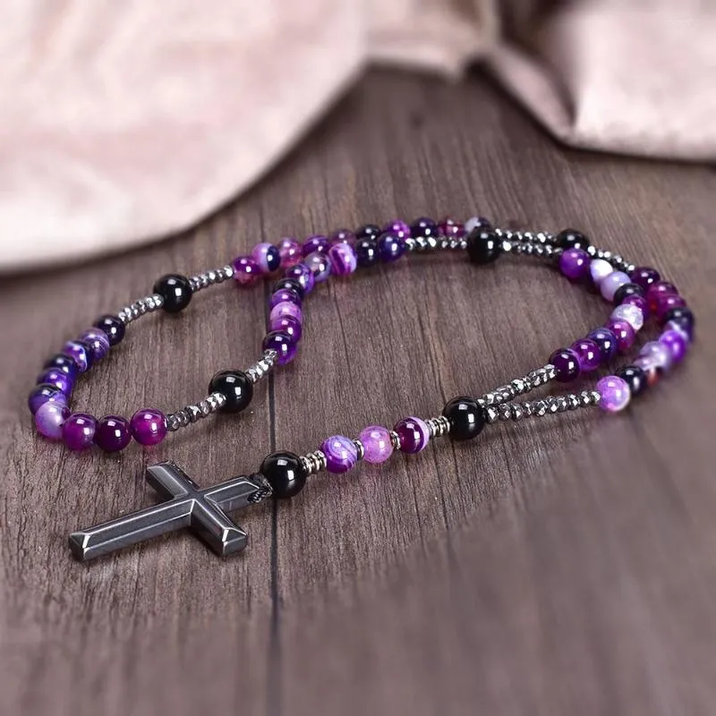 Pendant Necklaces 8mm Purple Lace Agate Catholic Christ Rosary For Women Hematite Cross Mala Jewelry Gift