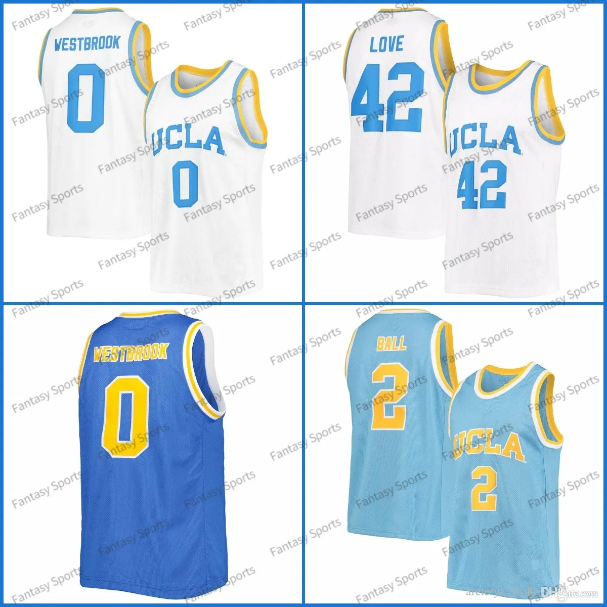 UCLA BRUINS 농구 저지 2 Lonzo Ball 42 Kevin Love Bill Walton 0 Russell Westbrook 화이트 블루 스티치 남성 대학 농구 유니폼 대학교