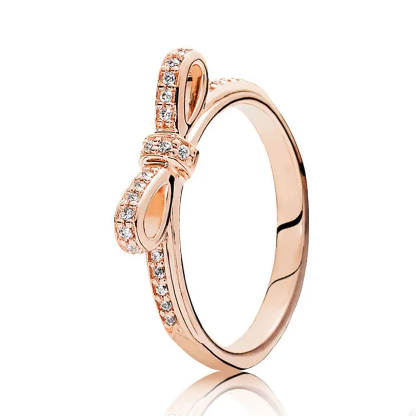 18K Rose Gold Classic Bow Ring voor Pandora Crystal Diamond Wedding Party Ringen designer sieraden voor vrouwen meisjes Echte 925 zilveren ring met originele boxset