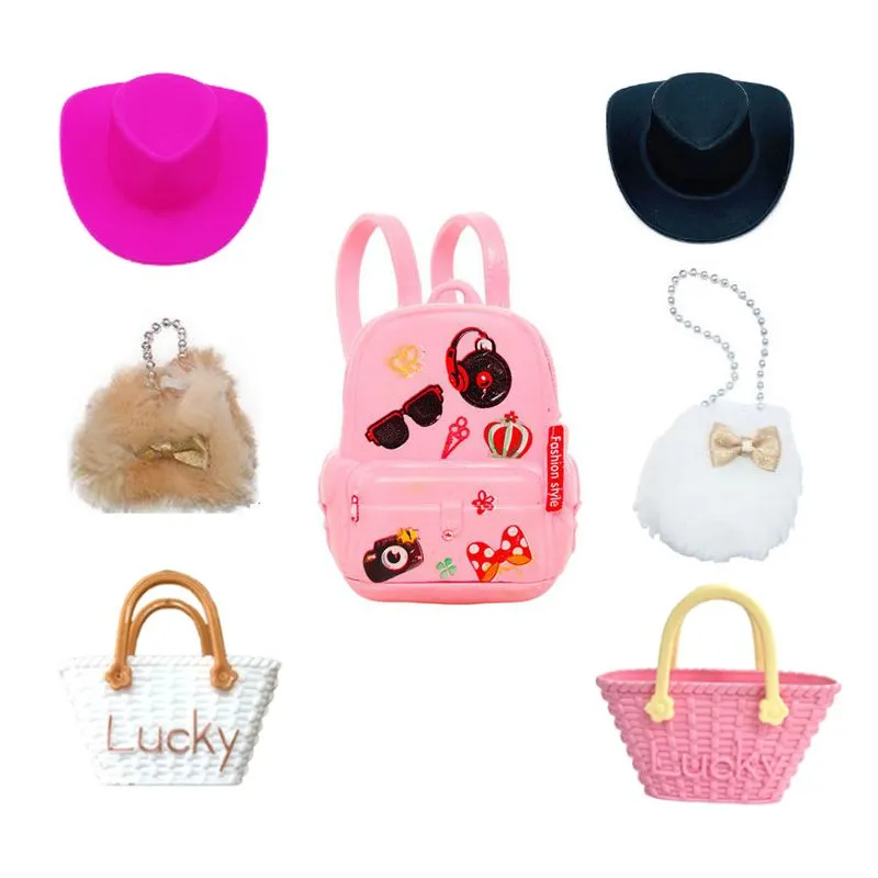 Kawaii 7 itens/lote acessórios de boneca em miniatura para crianças, brinquedos, bolsa, chapéu, moda, coisas para Barbie, diy, crianças, aniversário, natal