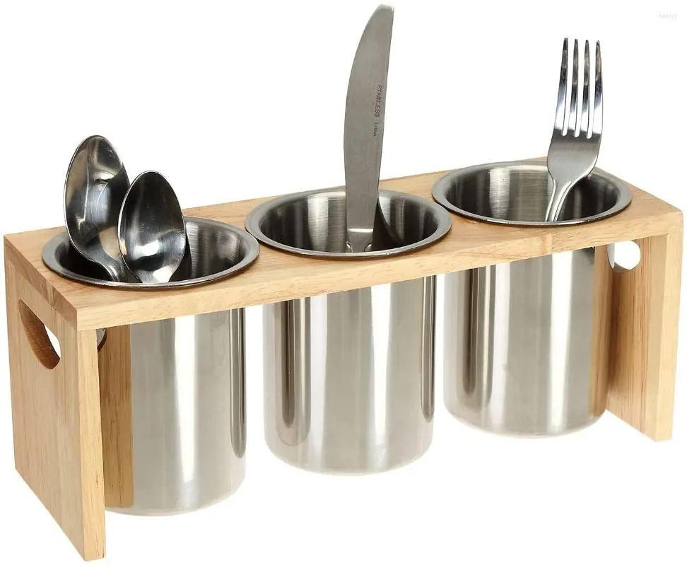 Esteiras de mesa pacote com 3 talheres organizador de utensílios de aço inoxidável com base de madeira porta talheres para colheres facas e garfos grande F